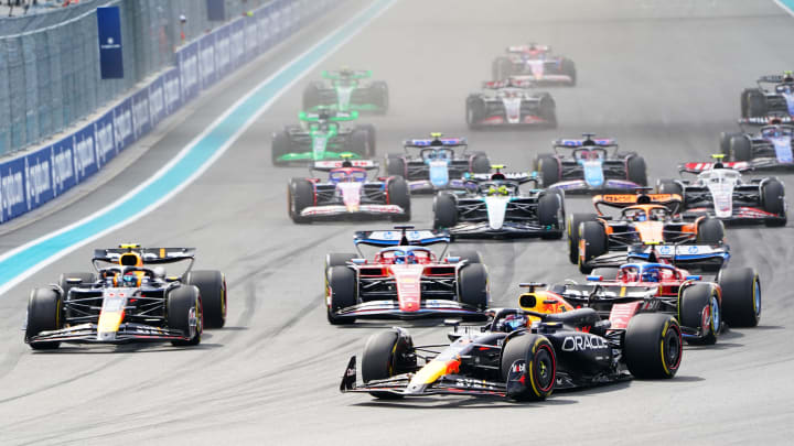Red Bull Racing driver Max Verstappen leads the field during the Miami Grand Prix. Red Bull Racing driver Max Verstappen leads the field during the Miami Grand Prix.