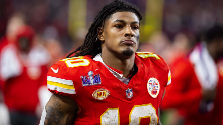 Feb 11, 2024; Paradise, Nevada, USA; Kansas City Chiefs running back Isiah Pacheco (10) against the San Francisco 49ers in Super Bowl LVIII at Allegiant Stadium. Mandatory Credit: Mark J. Rebilas-USA TODAY Sports