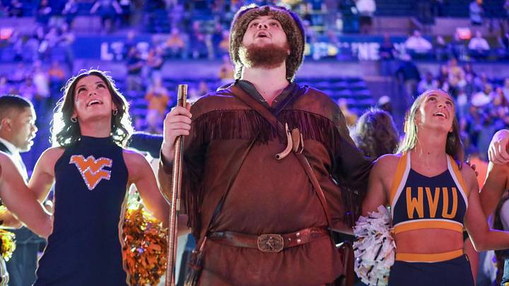 Mar 6, 2026; Morgantown, West Virginia, USA; The West Virginia Mountaineers mascot celebrates after defeating the UCF Knights at Hope Coliseum. Mandatory Credit: Ben Queen-Imagn Images