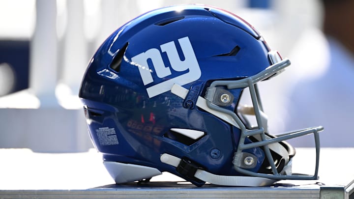 Oct 26, 2025; Philadelphia, Pennsylvania, USA; New York Giants helmet on the sidelines against the Philadelphia Eagles at Lincoln Financial Field. Mandatory Credit: Eric Hartline-Imagn Images