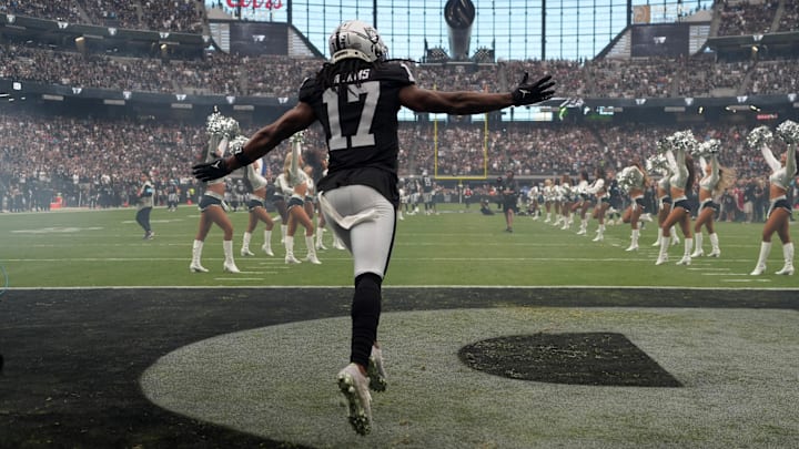 Sep 22, 2024; Paradise, Nevada, USA; Las Vegas Raiders wide receiver Davante Adams (17) enters the field before the game against the Carolina Panthers at Allegiant Stadium. Mandatory Credit: Kirby Lee-Imagn Images