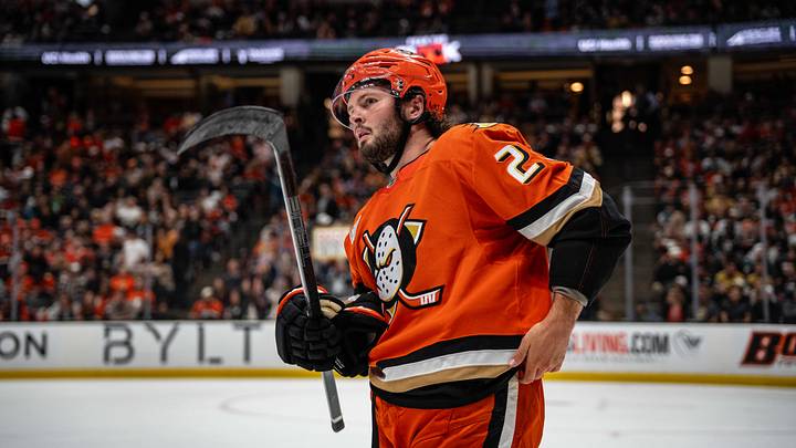 May 10, 2026; Anaheim, California, USA; Anaheim Ducks center Mason McTavish (23) during the second period against the Vegas Golden Knights  in game four of the second round of the 2026 Stanley Cup Playoffs at Honda Center. Mandatory Credit: Corinne Votaw-Imagn Images