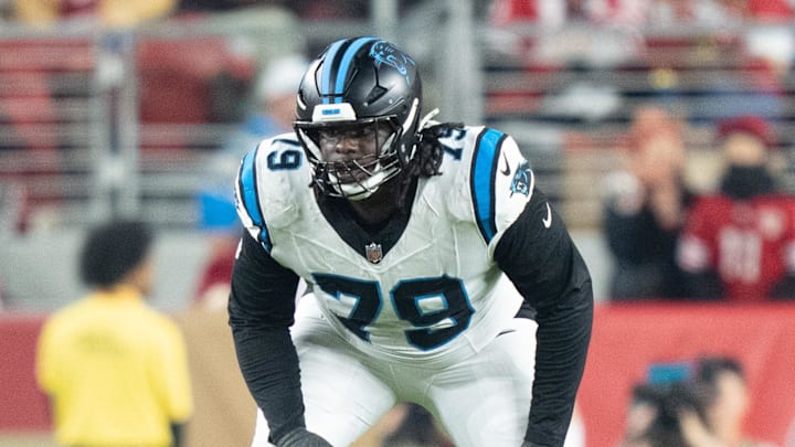 November 24, 2025; Santa Clara, California, USA; Carolina Panthers offensive tackle Ikem Ekwonu (79) during the third quarter against the San Francisco 49ers at Levi's Stadium. Mandatory Credit: Kyle Terada-Imagn Images