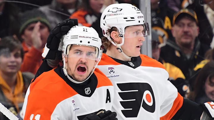 Jan 29, 2026; Boston, Massachusetts, USA; Philadelphia Flyers right wing Travis Konecny (11) reacts after scoring a goal during the second period against the Boston Bruins at TD Garden. Jan 29, 2026; Boston, Massachusetts, USA; Philadelphia Flyers right wing Travis Konecny (11) reacts after scoring a goal during the second period against the Boston Bruins at TD Garden.