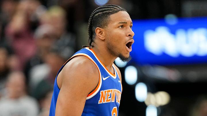 New York Knicks guard Miles McBride celebrates during the fourth quarter during game two of the 2026 NBA Finals at Frost Bank Center. New York Knicks guard Miles McBride celebrates during the fourth quarter during game two of the 2026 NBA Finals at Frost Bank Center.