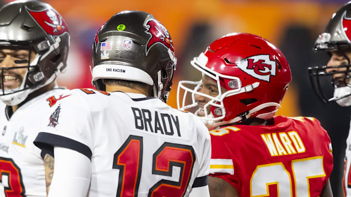 Feb 4, 2021; Tampa, FL, USA; Tampa Bay Buccaneers quarterback Tom Brady (12) talks with Kansas City Chiefs cornerback Charvarius Ward (35) in Super Bowl LV at Raymond James Stadium. Mandatory Credit: Mark J. Rebilas-Imagn Images Feb 4, 2021; Tampa, FL, USA; Tampa Bay Buccaneers quarterback Tom Brady (12) talks with Kansas City Chiefs cornerback Charvarius Ward (35) in Super Bowl LV at Raymond James Stadium. Mandatory Credit: Mark J. Rebilas-Imagn Images