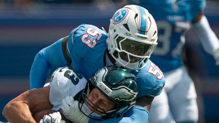 Tennessee linebacker Anthony Hill Jr. (53) brings down Philadelphia tight end Johnny Mundt (83) during the third quarter of their game at Nissan Stadium Sunday, Sept. 20, 2026. Tennessee linebacker Anthony Hill Jr. (53) brings down Philadelphia tight end Johnny Mundt (83) during the third quarter of their game at Nissan Stadium Sunday, Sept. 20, 2026.