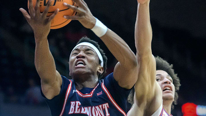 Belmont’s Jonathan Pierre (3) grabs a rebound from Bradley’s Corey Thomas in the first half of their MVC basketball game Wednesday, Feb. 5, 2025 at Carver Arena. The Braves fell to the Bruins 80-77.