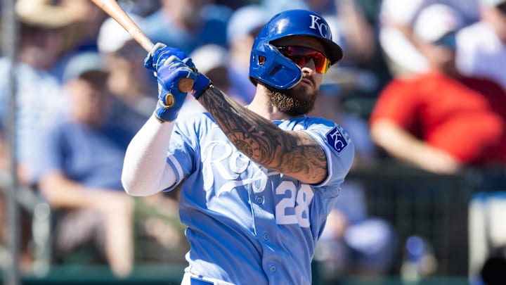 Feb 25, 2026; Surprise, Arizona, USA; Kansas City Royals outfielder Kyle Isbel against the Seattle Mariners during a spring training game at Surprise Stadium. Mandatory Credit: Mark J. Rebilas-Imagn Images