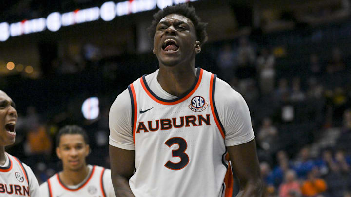 Mar 11, 2026; Nashville, TN, USA;  Auburn Tigers forward Keshawn Murphy (3) reacts after blocking a shot against the Mississippi State Bulldogs during the second half at Bridgestone Arena. Mandatory Credit: Steve Roberts-Imagn Images