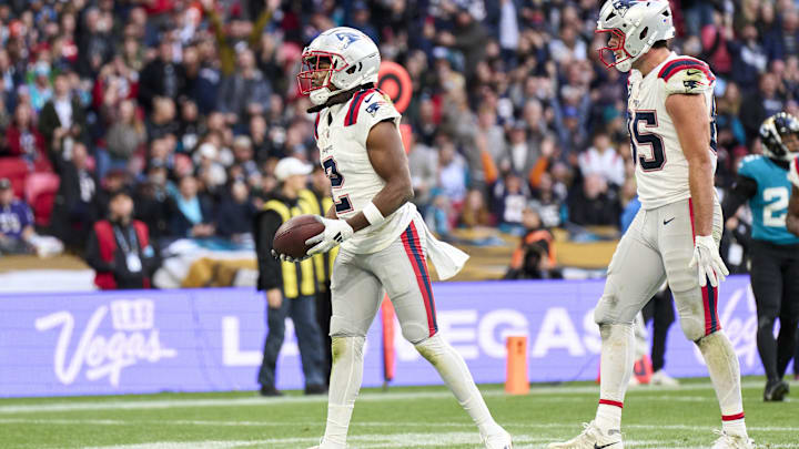 Oct 20, 2024; London, United Kingdom; New England Patriots wide receiver K.J. Osborn (2) celebrates a touchdown in the end zone in the second half against the Jacksonville Jaguars during an NFL International Series game at Wembley Stadium. Mandatory Credit: Peter van den Berg-Imagn Images