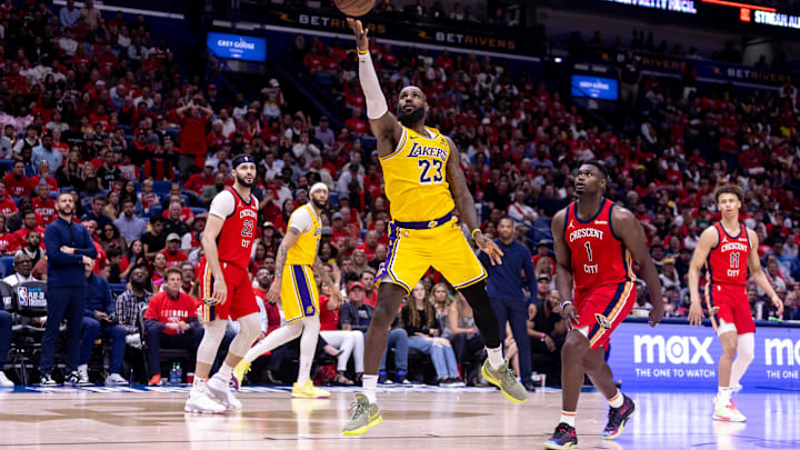 Apr 16, 2024; New Orleans, Louisiana, USA; Los Angeles Lakers forward LeBron James (23) drives to the basket against New Orleans Pelicans forward Zion Williamson (1) during the second half of a play-in game of the 2024 NBA playoffs at Smoothie King Center. Mandatory Credit: Stephen Lew-Imagn Images Apr 16, 2024; New Orleans, Louisiana, USA; Los Angeles Lakers forward LeBron James (23) drives to the basket against New Orleans Pelicans forward Zion Williamson (1) during the second half of a play-in game of the 2024 NBA playoffs at Smoothie King Center. Mandatory Credit: Stephen Lew-Imagn Images