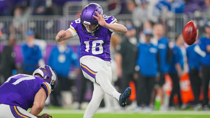Nov 3, 2024; Minneapolis, Minnesota, USA; Minnesota Vikings place kicker Will Reichard (16) kicks an extra point against the Indianapolis Colts in the fourth quarter at U.S. Bank Stadium. Nov 3, 2024; Minneapolis, Minnesota, USA; Minnesota Vikings place kicker Will Reichard (16) kicks an extra point against the Indianapolis Colts in the fourth quarter at U.S. Bank Stadium.