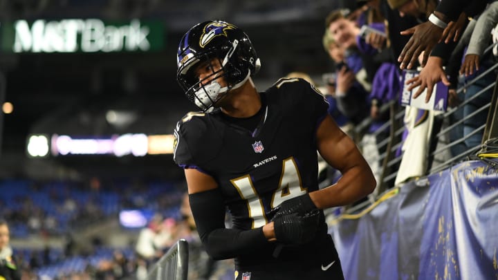 Oct 9, 2022; Baltimore, Maryland, USA;  Baltimore Ravens safety Kyle Hamilton (14) before the game against the Cincinnati Bengals at M&T Bank Stadium. Mandatory Credit: Tommy Gilligan-USA TODAY Sports