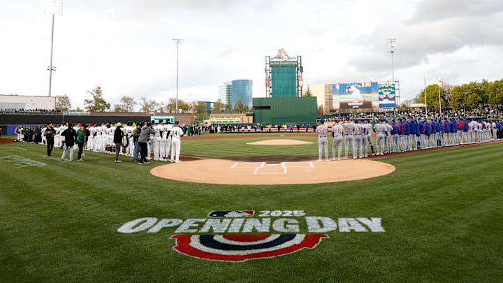 Mar 31, 2025; West Sacramento, California, USA; Athletics and Chicago Cubs line up before the game at Sutter Health Park. Mandatory Credit: Sergio Estrada-Imagn Images