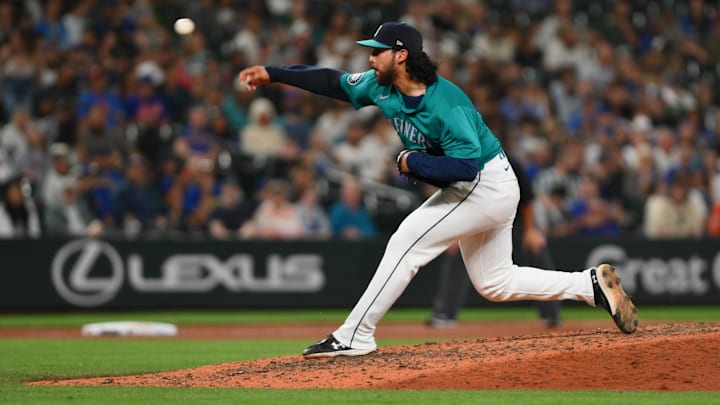 Aug 10, 2024; Seattle, Washington, USA; Seattle Mariners relief pitcher Andres Munoz (75) pitches to the New York Mets during the ninth inning at T-Mobile Park. Mandatory Credit: Steven Bisig-Imagn Images