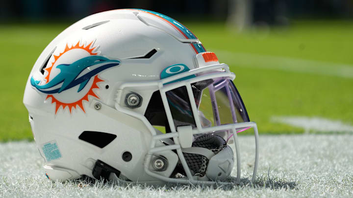 Nov 7, 2021; Miami Gardens, Florida, USA; A general view of a Miami Dolphins helmet on the field prior to the game between the Miami Dolphins and the Houston Texans at Hard Rock Stadium. Mandatory Credit: Jasen Vinlove-Imagn Images
