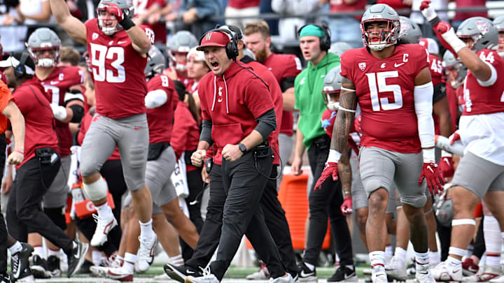 Oct 19, 2024; Pullman, Washington, USA; Washington State Cougars head coach Jake Dickert celebrates after a missed field goal attempt by the Hawaii Warriors in the first half at Gesa Field at Martin Stadium. Mandatory Credit: James Snook-Imagn Images