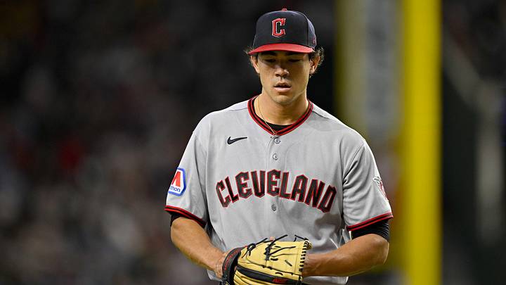 Jun 7, 2026: Cleveland Guardians starting pitcher Joey Cantillo (54) comes off the field after pitching against the Texas Rangers during the fourth inning at Globe Life Field. 