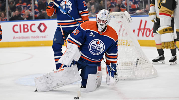 Dec 21, 2025; Edmonton, Alberta, CAN; Edmonton Oilers goalie Connor Ingram (39) is seen out on the ice as the Edmonton Oilers take on the Vegas Golden Knights during the second period at Rogers Place. Mandatory Credit: Walter Tychnowicz-Imagn Images