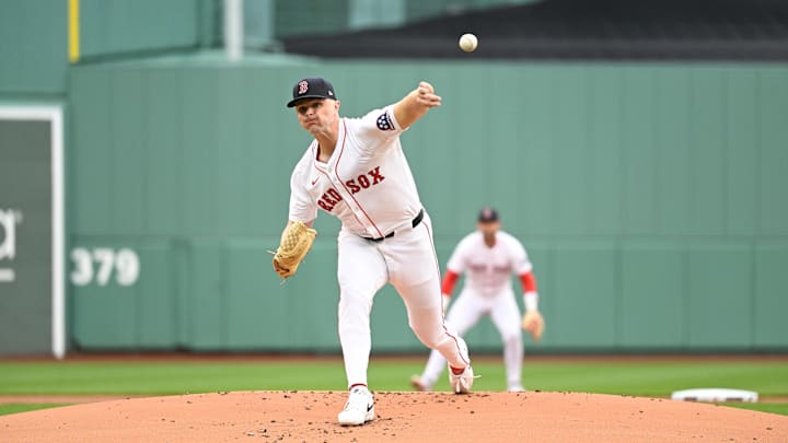 Apr 6, 2025; Boston, Massachusetts, USA; Boston Red Sox starting pitcher Sean Newcomb (19) pitches against the St. Louis Cardinals during the first inning at Fenway Park. Mandatory Credit: Eric Canha-Imagn Images