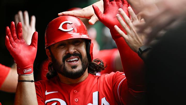 Aug 29, 2026; Chicago, Illinois, USA;  Cincinnati Reds designated hitter Eugenio Suarez (28) celebrates in the dugout after he hits a two-run home run against the Chicago Cubs at Wrigley Field.  Mandatory Credit: Matt Marton-Imagn Images