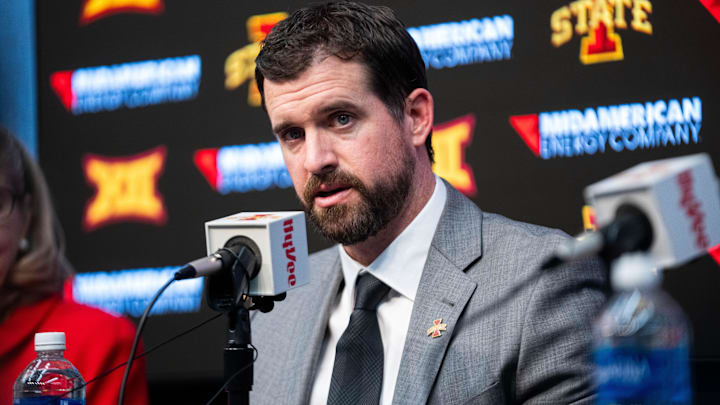 Jimmy Rogers speaks during his introductory press conference as Iowa State’s new head football coach on Dec. 8, 2025, at Iowa State University in Ames, IA. Jimmy Rogers speaks during his introductory press conference as Iowa State’s new head football coach on Dec. 8, 2025, at Iowa State University in Ames, IA.