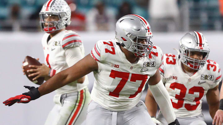 Jan 11, 2021; Miami Gardens, Florida, USA; Ohio State Buckeyes offensive tackle Paris Johnson Jr.