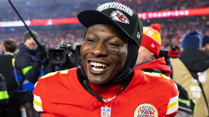 Jan 26, 2025; Kansas City, MO, USA; Kansas City Chiefs wide receiver Hollywood Brown (5) celebrates after defeating the Buffalo Bills in the AFC Championship game at GEHA Field at Arrowhead Stadium. Mandatory Credit: Mark J. Rebilas-Imagn Images