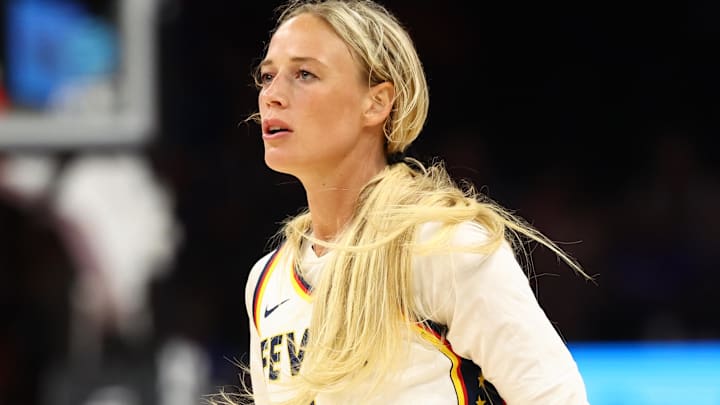 Aug 7, 2025; Phoenix, Arizona, USA; Indiana Fever guard Sophie Cunningham (8) against the Phoenix Mercury during an WNBA game at PHX Arena. Mandatory Credit: Mark J. Rebilas-Imagn Images