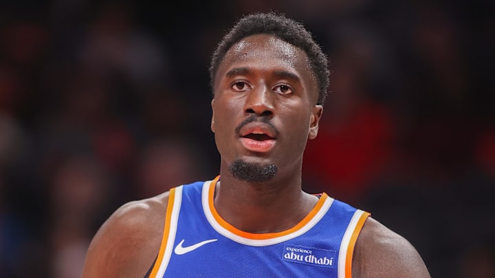 Dec 27, 2025; Atlanta, Georgia, USA; New York Knicks forward Mohamed Diawara (51) in action against the Atlanta Hawks in the first quarter at State Farm Arena. Mandatory Credit: Brett Davis-Imagn Images
