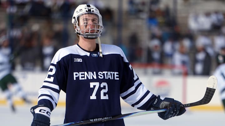 Jan 31, 2026; State College, PA, USA; Penn State Nittany Lions forward Gavin McKenna (72) before the game against the Michigan State Spartans at Beaver Stadium. Mandatory Credit: James Lang-Imagn Images