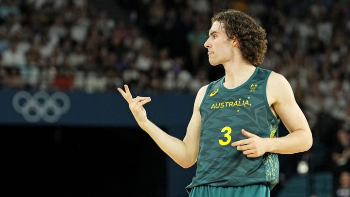 Aug 6, 2024; Paris, France; Australia guard Josh Giddey (3) reacts after making a three pointer Aug 6, 2024; Paris, France; Australia guard Josh Giddey (3) reacts after making a three pointer