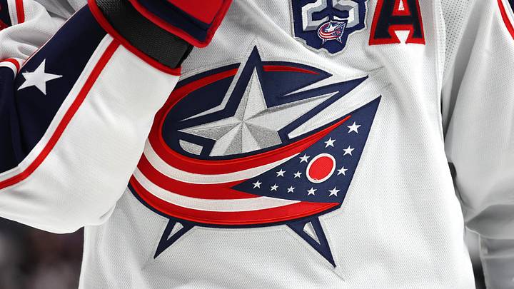 Apr 9, 2026; Buffalo, New York, USA;  A general view of a Columbus Blue Jackets jersey worn by a player against the Buffalo Sabres at KeyBank Center. Mandatory Credit: Timothy T. Ludwig-Imagn Images