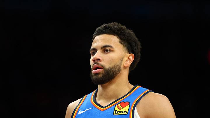 Apr 27, 2026; Phoenix, Arizona, USA; Oklahoma City Thunder guard Ajay Mitchell (25) against the Phoenix Suns during game four of the first round of the 2026 NBA Playoffs at Mortgage Matchup Center. Mandatory Credit: Mark J. Rebilas-Imagn Images