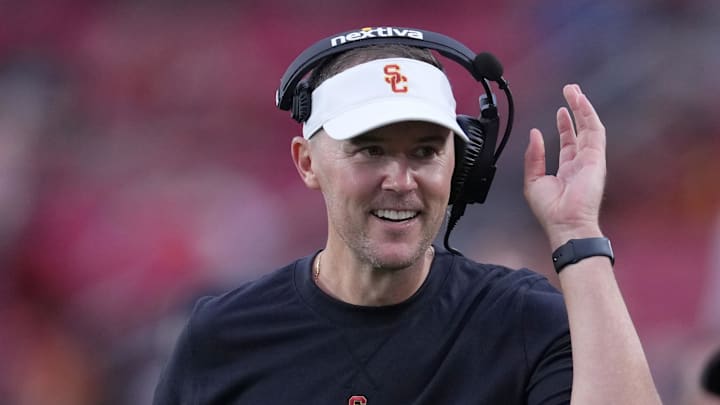 Sep 2, 2023; Los Angeles, California, USA; Southern California Trojans head coach Lincoln Riley reacts against the Nevada Wolf Pack  in the second half at United Airlines Field at Los Angeles Memorial Coliseum. Mandatory Credit: Kirby Lee-Imagn Images