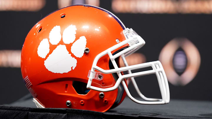 A Clemson Tigers helmet on display