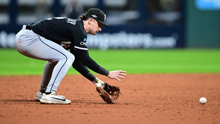 Oct 10, 2026; Cleveland, Ohio, USA; Chicago White Sox shortstop Colson Montgomery (12) fields a ball hit by Cleveland Guardians shortstop Brayan Rocchio (4) during the ninth inning in game five of the ALDS for the 2026 MLB Playoffs at Progressive Field. Mandatory Credit: David Dermer-Imagn Images Oct 10, 2026; Cleveland, Ohio, USA; Chicago White Sox shortstop Colson Montgomery (12) fields a ball hit by Cleveland Guardians shortstop Brayan Rocchio (4) during the ninth inning in game five of the ALDS for the 2026 MLB Playoffs at Progressive Field. Mandatory Credit: David Dermer-Imagn Images