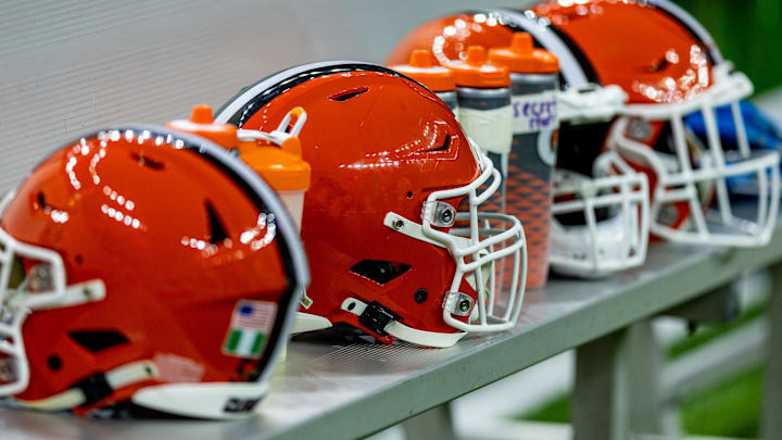 Nov 17, 2024; New Orleans, Louisiana, USA;  Detailed view of the Cleveland Browns helmets on a time out against the New Orleans Saints during the first half at Caesars Superdome. Mandatory Credit: Stephen Lew-Imagn Images