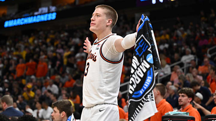 Mar 28, 2026; Houston, TX, USA; Illinois Fighting Illini forward Ben Humrichous (3) reacts in the first half against the Iowa Hawkeyes during an Elite Eight game of the South Regional of the men's 2026 NCAA Tournament at Toyota Center. Mandatory Credit: Maria Lysaker-Imagn Images Mar 28, 2026; Houston, TX, USA; Illinois Fighting Illini forward Ben Humrichous (3) reacts in the first half against the Iowa Hawkeyes during an Elite Eight game of the South Regional of the men's 2026 NCAA Tournament at Toyota Center. Mandatory Credit: Maria Lysaker-Imagn Images