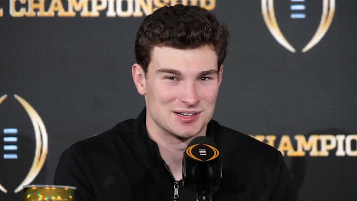 Jan 20, 2026; Miami, FL, USA; Indiana Hoosiers quarterback Fernando Mendoza during the CFP Champions press conference at Marriott Marquis Miami. Mandatory Credit: Kirby Lee-Imagn Images