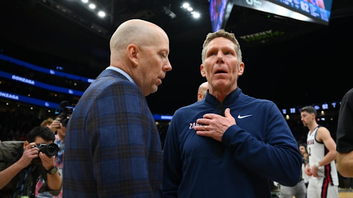 Dec 13, 2025; Seattle, Washington, USA; UCLA Bruins head coach Mick Cronin and Gonzaga Bulldogs head coach Mark Few after the game at Climate Pledge Arena. 