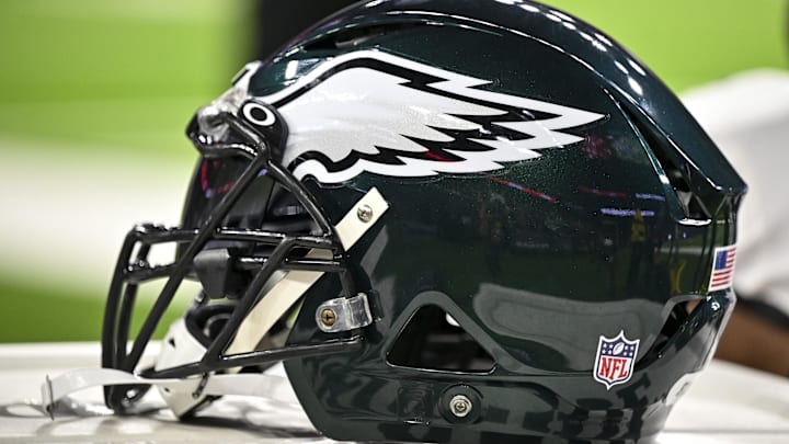 Nov 3, 2022; Houston, Texas, USA; Philadelphia Eagles helmet on the sideline during the first quarter against the Houston Texans at NRG Stadium. Mandatory Credit: Maria Lysaker-Imagn Images