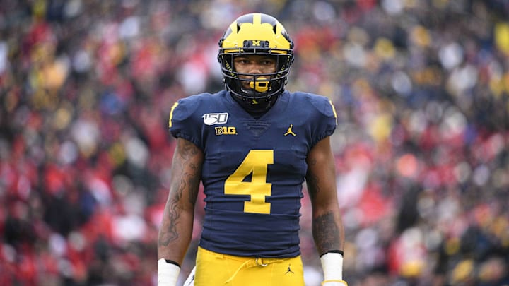 Nov 30, 2019; Ann Arbor, MI, USA; Michigan Wolverines wide receiver Nico Collins (4) during the game against the Ohio State Buckeyes at Michigan Stadium. Mandatory Credit: Tim Fuller-Imagn Images