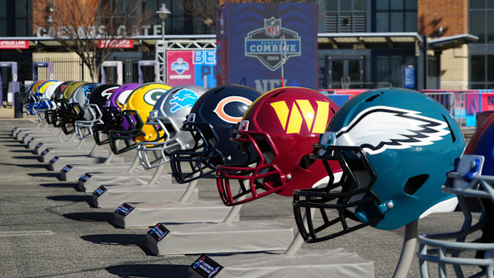 Feb 28, 2024; Indianapolis, IN, USA; A general view of large Philadelphia Eagles, Washington Commanders and Chicago Bears helmets at the NFL Scouting Combine Experience at Lucas Oil Stadium. Mandatory Credit: Kirby Lee-Imagn Images Feb 28, 2024; Indianapolis, IN, USA; A general view of large Philadelphia Eagles, Washington Commanders and Chicago Bears helmets at the NFL Scouting Combine Experience at Lucas Oil Stadium. Mandatory Credit: Kirby Lee-Imagn Images