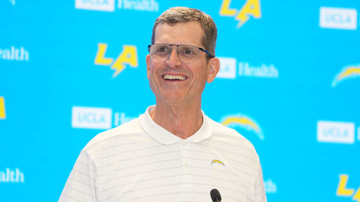 Los Angeles Chargers coach Jim Harbaugh during press conference at The Bolt. 