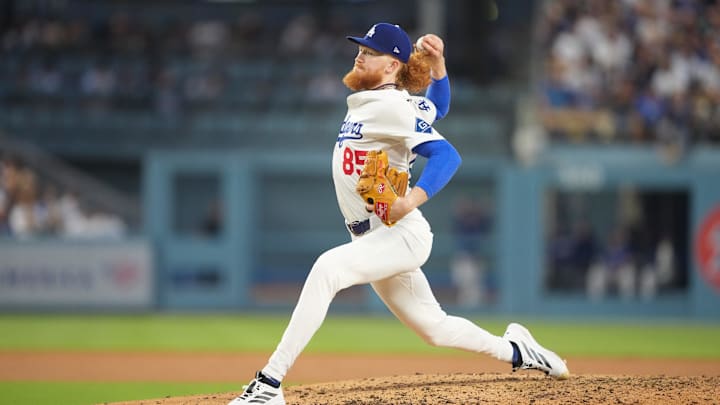 Jul 3, 2025; Los Angeles, California, USA; Los Angeles Dodgers starting pitcher Dustin May (85) pitches during the third inning against the Chicago White Sox at Dodger Stadium. Mandatory Credit: Kirby Lee-Imagn Images Jul 3, 2025; Los Angeles, California, USA; Los Angeles Dodgers starting pitcher Dustin May (85) pitches during the third inning against the Chicago White Sox at Dodger Stadium. Mandatory Credit: Kirby Lee-Imagn Images