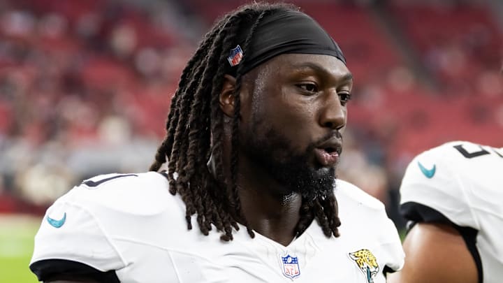Nov 23, 2025; Glendale, Arizona, USA; Jacksonville Jaguars linebacker Devin Lloyd (0) against the Arizona Cardinals at State Farm Stadium. Mandatory Credit: Mark J. Rebilas-Imagn Images