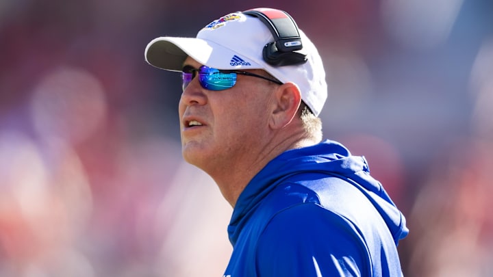 Nov 8, 2025; Tucson, Arizona, USA; Kansas Jayhawks head coach Lance Leipold against the Arizona Wildcats at Arizona Stadium. Mandatory Credit: Mark J. Rebilas-Imagn Images