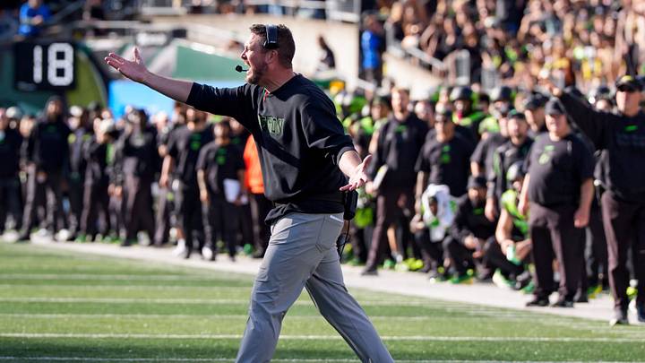 Oregon head coach Dan Lanning shouts to the referees in the final minutes as the Oregon Ducks host the UCLA Bruins on Oct. 10, 2026, at Autzen Stadium in Eugene, Oregon.